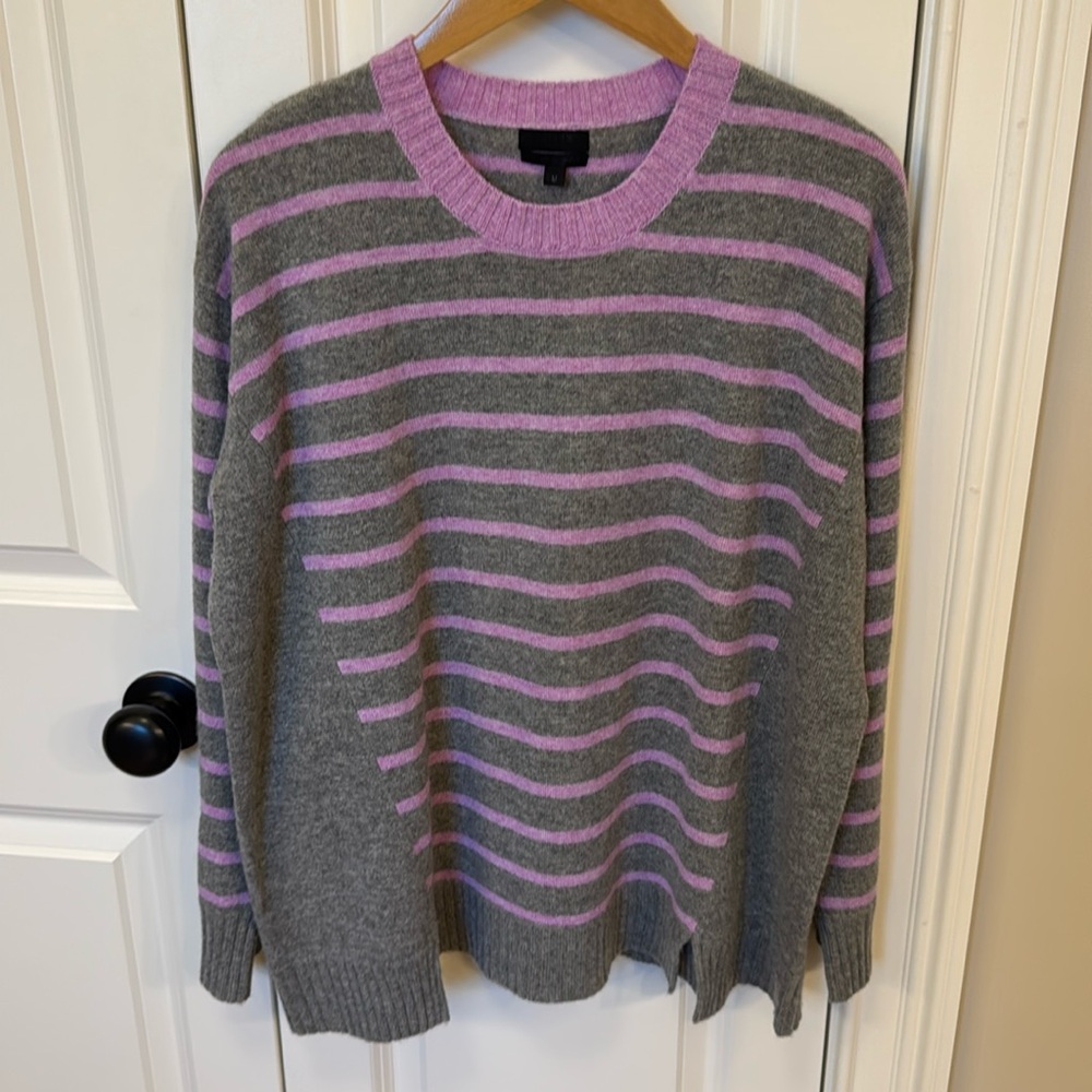 Gray lilac J Crew collection cashmere sweater medium M pink ribbed stripe B8551